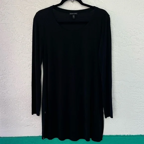 Eileen Fisher Silk Mini Dress Black Medium Long Sleeve - Picture 1 of 5